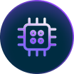 Icon of a microchip with four circles, on a dark gradient background.